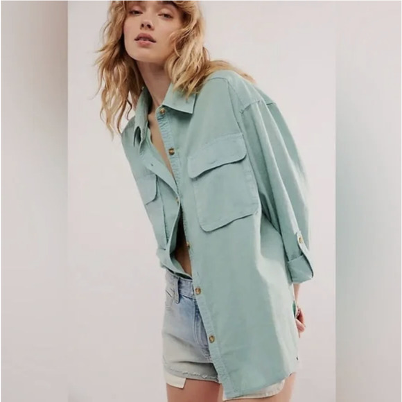 WE THE FREE Made For Sun Linen Shirt Mint Green Roll Tab Sleeve - Picture 3 of 13